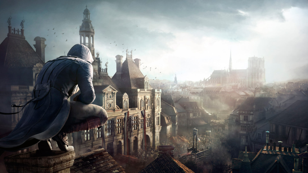 Image promotionnelle d'Assassin's Creed Unity : Arno Dorian devant l'Hôtel de ville de Paris